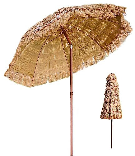 Parasol Rond De Jardin - 2m Étanche Parasol Tiki Parapluie - Parasol en Paille De Chaume avec 8 Nervures Et Design Inclinable - Couleur Naturelle