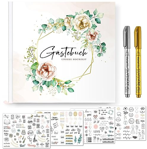 Johiux Gästebuch Hochzeit Personalisiert,Eukalyptus Vintage Wedding Gästebuch Hochzeitsdeko,Hochzeitsgästebuch-Set mit Sticker Hochzeit Gästebuch+Metallic Stifte,64 Seiten Hochzeit Blanko-Gästebuch.