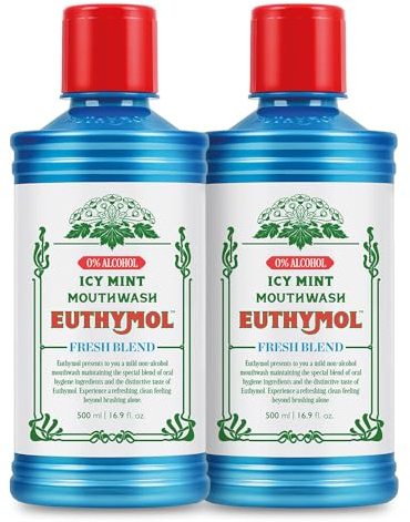 Euthymol Mouthwash Icy Mint 500ml 500ml X2, Mit Fluorid, Ohne Alkohol, Starker Geschmack, Reduziert Plaque, Reinigt Zähne & Zahnfleisch, Erfrischt Atem, Tägliche Mund- & Zahnpflege