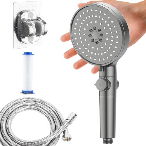 KAOTPO Duschkopf mit Schlauch und Halterung, Groß Handbrause Dusche (Ø 120 mm), 5 Strahlarten Duschkopf mit Filter, Wassersparender, Antikalk-Funktion (Grau Matt)