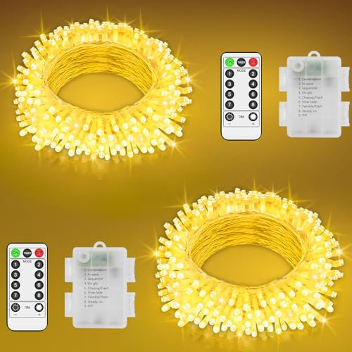 JXLEDAYY 2 Pack Total 20M 200 LED Fairy Lights Battery Operated Clear Wire String Lights Outdoor Christmas Lights with Remote Timer 8 Modes for Outside Garden Indoor Bedroom Decor-Warm White