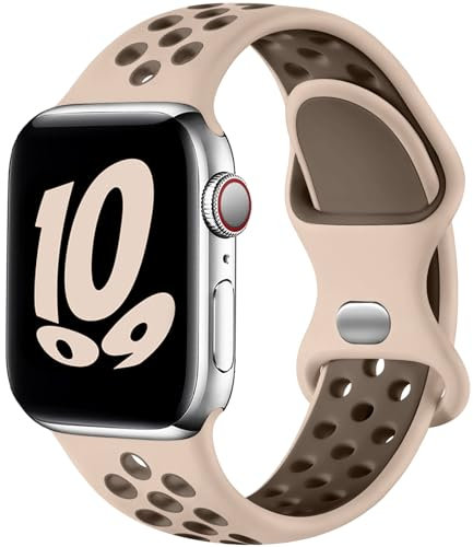 Upeak Sport Bracelet Compatible avec Bracelet Apple Watch 40mm 41mm 38mm 42mm, Sangle à Boucle Double Trou en Silicone Respirant, pour iWatch Series 10 9 8 7 6 5 4 3 2 1 SE Ultra, S, Pierre du désert