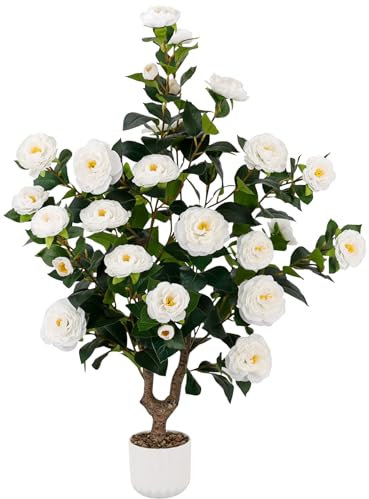 38 Tall Faux Artificial Plants Outdoor Camellia Trees Indoor Fake Tree Potted Plant Bushes with 32 White Blooming Flowers in Pot Home Decor Arboles Artificiales para Christmas Decoracions