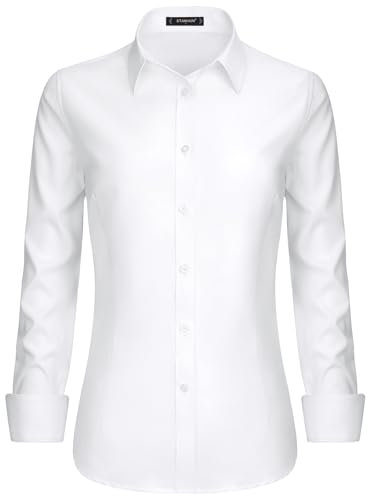 Stamain White Shirt Women Long Sleeve Fitted Work Shirts for Women UK Button Up Stretch Executive Shirt with Single Cuff M