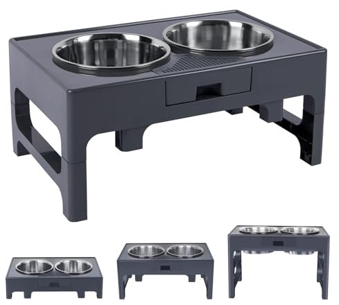 Elevated Dog Bowls, Stainless Steel Raised Dog Bowl with Adjustable Stand, Double Dog Food and Water Bowl for Medium Large Dogs or Cat, 3 Heights 3.9”, 7.8”, 11.8” (Dark Grey)