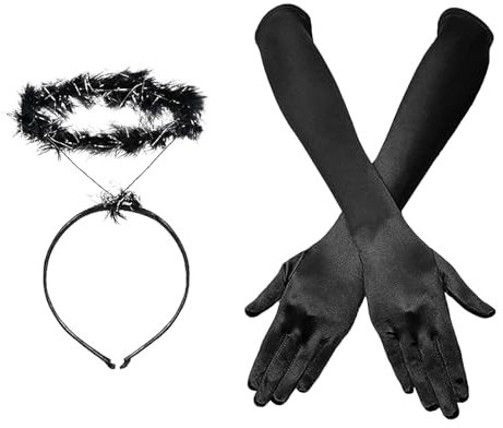 YUNHENTONG Engel Schwarz Halloween Kostüm Zubehör - Heiligenschein Haarreifen, Schwarze Handschuhe für Mädchen Damen Cosplay Accessoires