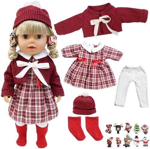 Abbigliamento per Bambole 14-17 Pollici (36-43 cm) - Vestito Natale Gingham, Giacca, Cappello, Pantaloni, Calzini, 10 Fermagli Capelli - Regalo per Bambini, Ragazze, Ragazzi