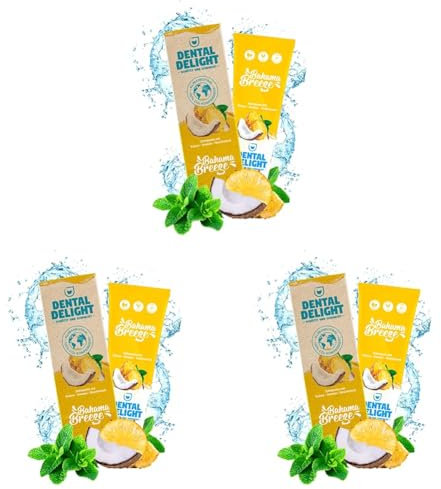 DENTAL DELIGHT Bahama Breeze Zahncreme AnanasKokos Vegan Klimaneutral Mikroplastikfrei, Gelb, 75ml (Packung mit 3)