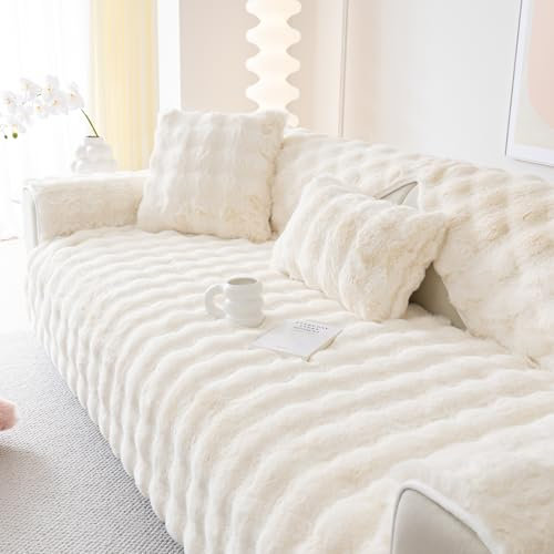 Alishomtll Plüsch Sofabezug Ecksofa 1/2/3/4 Sitzer, Universelle rutschfeste Sofa Überzug, L Form Couch Überzug Sofaschoner, Waschbar Sofaüberwurfe Sofadecke für Wohnzimmer, Beige 90x180cm