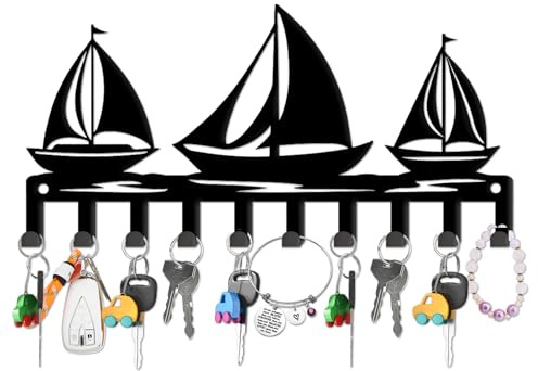 SUPERDANT 3 Segelboote Schlüsselhalter Wandmontiert für Küche | Eisen,Schwarz,33×15cm,11 Metallhaken,Mit Mitgelieferten Schrauben,Dekorativer Wandhaken Für Hüte Hundeleinen,Geschenk
