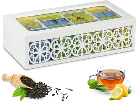 QILICZ Teebox, Lochmuster Tee Aufbewahrungsbox aus Holz mit 12 Trennfächern - Teebeutelbox Teekiste für Teebeutel Zucker Kaffeekapsel, Weiß Vorratsdose Glas Sichtfenster Deckel