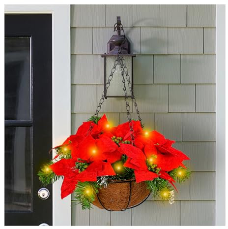 CocMouse Christmas Hanging Baskets for Outdoors Poinsettia Flowers Artificial Fake Christmas Flowers UV Resistant for Xmas Porch Home Patio (Red, One Size)