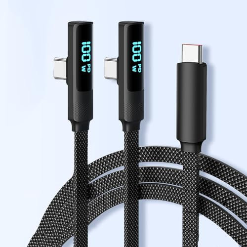 BITHAI 90 Degree USB C to USB C 100W LED Display Cable With QC 3.0 20V/5A Fast Charging, Built-in E-marker Chip Braided Nylon Flat (1.2m+1.2m)
