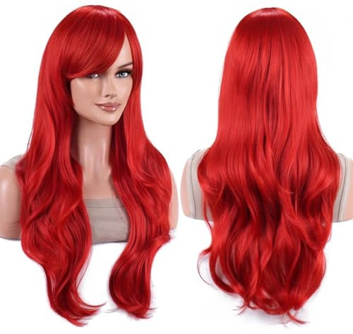 IMISSU 70cm lange Haare wassergewellte Perücken mit Pony Cosplay Kostüm Perücke (Rot)