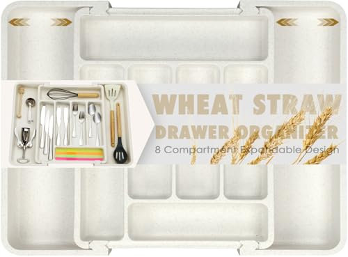 FANCILLA Wheat Straw Silverware Organizer for Kitchen Drawers, Large Expandable Kitchen Utensil Drawer Organizer, Adjustable Cutlery Drawer Organizer Holder, Dishwasher Safe Tray (White)