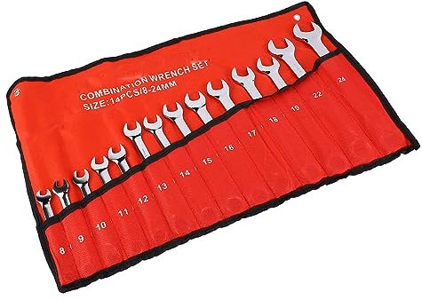 14pcs Combination Spanner Set, Steel Alloy Mirror Finish Strong Strength Imperial Spanners & Wrenches Kit, Ring and Open Ended Wrenches with Tool Storage Roll for Repair