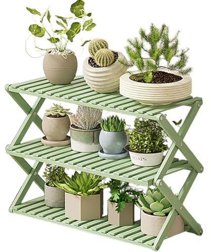DECORN Faltbarer Standfuß für Anlagen Hölzernes faltbares Pflanzen-Regal 3-Tier Blumentopf Display Leiter Rack für mehrere Pflanzen Patio Balkon Garten Büro Home Decor Indoor Outdoor,Grün,70cm L
