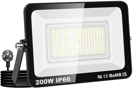 Willpower Foco LED Exterior Interior Proyector LED 200W 20,000LM Focos de Luz 6000K Blanco Frío IP66 Luz de Inundación Iluminación para Garaje Patio Jardín Terraza Parque Trabajo, con Enchufe