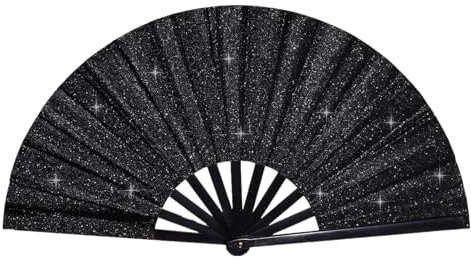 baotongle Große Glitzer Faltbare Seide Hand Fächer Chinesischer Tai Chi Faltender Handfächer Nylon Tuch Chinesischer Kung Fu Fan mit Halter Ärmel für Performance Tanz Dekorationen (1, Schwarz)