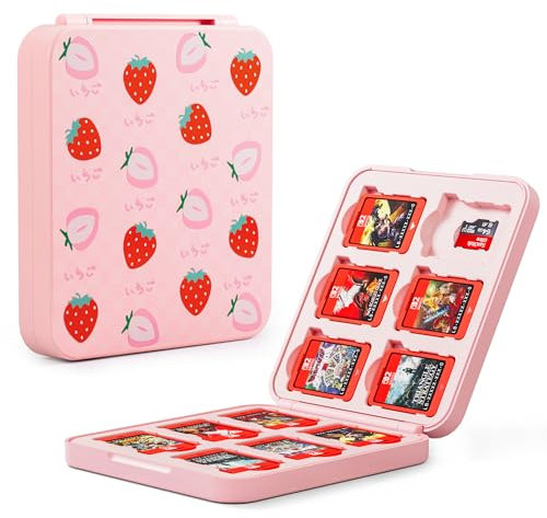 FANPL Game Case for Nintendo Switch 2/Switch OLED/Switch/Lite,12 Game Card and 12 Micro SD Card Slots, Pink Strawberry Game Cartridge Storage Holder