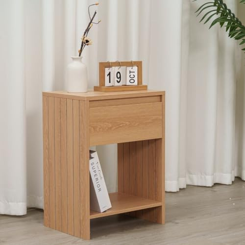 Home Stuff Plus MDF Bedside Table with Drawer and Shelf - Wooden Bedside Cabinet, Bedside Drawers, Bed Side Table for Bedroom, Living Room Nightstand, Compact Bedside Storage 40x29.5x55 cm