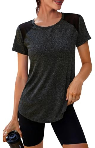 Crewhpo Funktionsshirt Damen Kurzarm Sportshirt Back Mesh Sportshirt Leicht Sonnenschutz Laufshirt Fitness Locker Sport Oberteile Atmungsaktiv Sport Tshirt Für Yoga Tennis Schwarz XXL