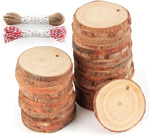 Hengsong Holzscheiben,50 Stk Holzplatte Rund 6-7cm,Baumscheiben,Holzscheiben zum Basteln mit Loch,Baumrinde zum Basteln für DIY&Holzanhänger zum Bemalen&Hochzeits-Weihnachtsdeko