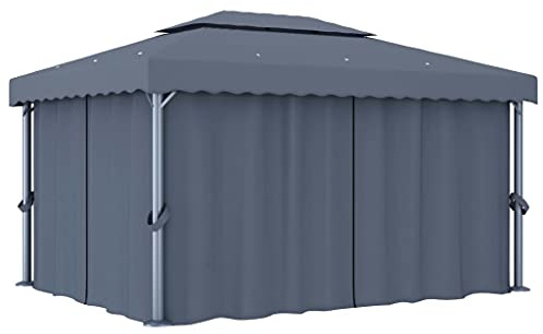 Pavillon mit Vorhang 4x3 m Anthrazit Aluminium, Doppeldach, UV-Schutz, wasserabweisend, Insektenschutz, für Garten, Terrasse, Outdoor-Partys