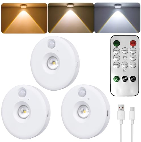 Rechargeable Spot Lights Under Cabinet Wireless Puck Lights with 3 Color | 3 Color Temperatures LED USB Dimmable Push Light with Remote Timer Control for Kitchen Bedrooms Wall Wardrobe Display