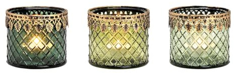 Windlicht 3er Set aus Glas Grün Gold | Vintage-Design mit goldfarbenen Akzenten