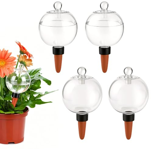 4 Pezzi Globi per Irrigazione, 500ml Irrigazione a Goccia per Vasi | OAKENCREST Trasparenti Automatica con Coperchio in Vetro, Sfera di Irrigazione per Vasi da Interno, Balconi e Giardini