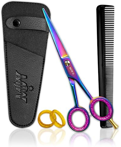 MJW Friseurschere 6.5 Zoll – Mehrfarbige Edelstahl Haarschneideschere für Friseure, Barbiere & Zuhause – Barber Schere mit Tasche, Kamm & Finger Einsätzen
