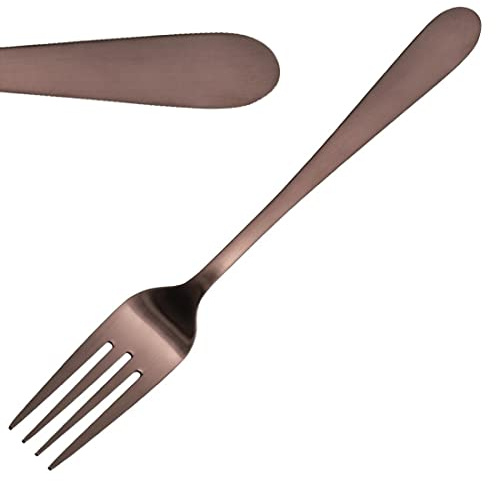 Olympia Cyprium Table Fork 18/0 Stainless Steel, Copper Pack of 12 | Matt finish and contemporary rounded edges bring a modern, vintage feel to quirky dining tables. Length: 199mm.