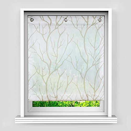 Heichkell Voile Haken Raffgardine Transparent Rollos 》Baumzweige《 Bedruckt Muster Modern Gardine V-Haken ohne Bohren, Falten durch Bandsystem, Weiß#2 HxB 140x60 cm