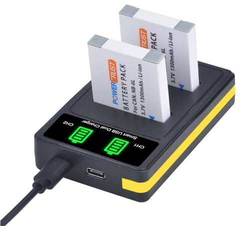PowerTrust 2Pack NB-6L NB6L Battery with Charger for Canon PowerShot SX170 IS, SX240 HS, SX260 HS, SX270 HS, SX280 HS, SX500 IS, SX510 HS, SX600 HS, D10, D20, ELPH 500 HS, S90, S95, S120