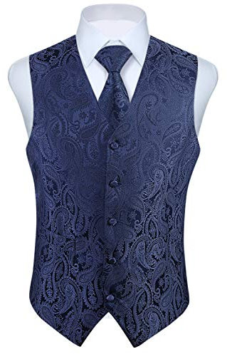 HISDERN Anzugweste für Herren Marineblau Paisley Hochzeit Weste Krawatte Einstecktuch Jacquard Weste Herren Anzug Set Elegant Blau 2XL