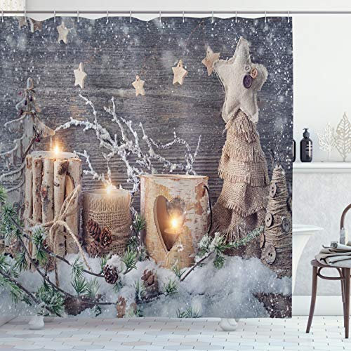 ABAKUHAUS Weihnachten Duschvorhang, Candle Winterurlaub, Stoffliches Gewebe Badezimmerdekorationsset mit Haken, 175 x 220 cm, Khaki und Grau