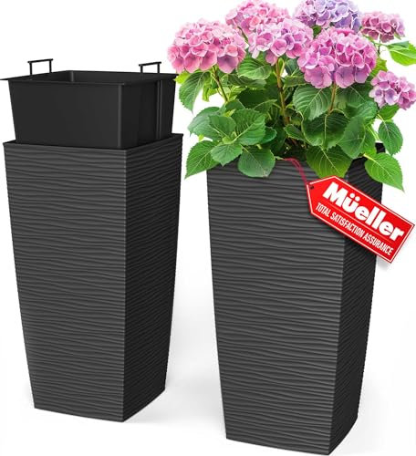 Mueller M-Resin robuste hohe Pflanzgefäße für Outdoor-Pflanzen, Indoor-Grande-Pflanztöpfe, Kisten, Bäume, Blumentöpfe, 2-teiliges Set, 61 cm, modernes Design, integrierte Drainage, Veranda-Dekoration