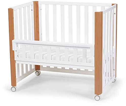 Kinderkraft KOYA Vielseitiges Kinderbett 4 in1 aus Holz, Beistellbett, Babybett für Kleinkinder 120 x 60 cm, Laugitter, Beine sind mit 4 Vollrädern, Matratze im Set, Weiß
