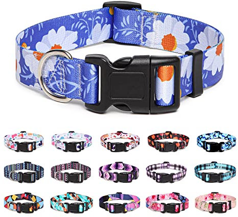 Suredoo Adjustable Nylon Dog Collar with Patterns, Soft Comfy Pet Collar for Small Medium Large Dogs (S, Daisy)