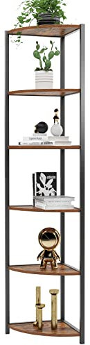 DlandHome Eckregal Stehend mit 6 Ebenen Bücherregal Standregal Industrie, Säulenregal 165 cm Ablagegestelle Lagerregal Multifunktional für Wohnzimmer, Büro, kleine Räume, Rustikales Braun/Schwarz