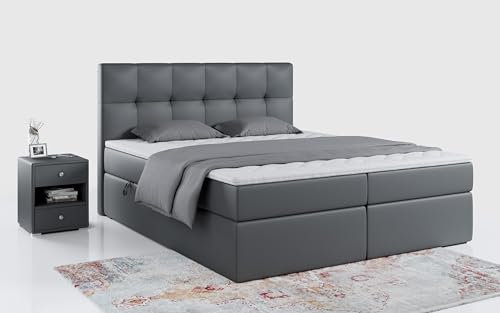 MKS MEBLE Boxspringbett 120x200 mit Bettkasten, Bett mit Multipocket - Matratze H4 Topper, Polsterbett 120x200 mit Bettkasten Kopfteil, Boxspringbett mit Matratze H4, RICO - Dunkelgrau Kunstleder