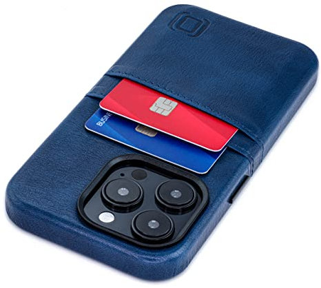Dockem Card Case for iPhone 14 Pro with Built-in Metal Plate for Magnetic Mounting & Wallet with 2 Holder Slots: M2 Exec Premium Synthetic Leather (Navy Blue)