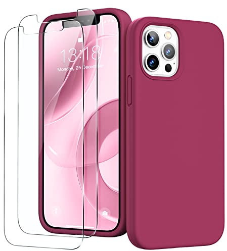 GOODVISH 3 in 1 for iPhone 12 Pro Max Case Liquid Silicone with 2x Screen Protector, Anti-Scratch Full covered Microfiber Lining Shockproof Protective Slim Phone Case Cover 6.7, Rose Red