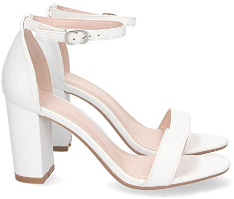 shoes&blues.es 74292 Sandalia de Tacon Alto para Mujer, Comoda, con Pala Fina Simple, Estilo Ankle Strap, y Cierre de Hebilla Blanco Talla 40