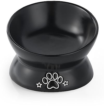 LoeJan Elevated Cat Food Bowl, 5 Oz Ceramic Raised and Tilted Pet Water Bowl, Anti Vomiting and Protect Pets' Spines Cat Dishes for Small Dog, Fat Faced Cat, Kitten (Black, 1 Pack)