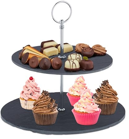 Relaxdays Soporte Tartas, 2 Pisos, Bandejas Pizarra, Expositor Pasteles, Platos Cupcakes, 23 x 25 cm, Antracita/Plateado