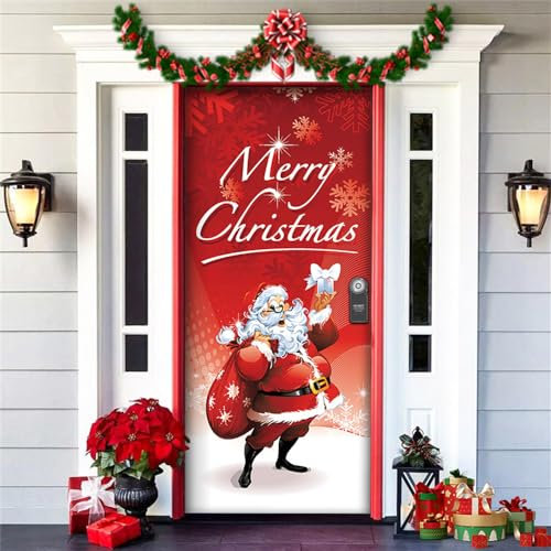 Chickwin Decorazione Copriporta di Natale, Copertura della Porta Copri Porta del Babbo Natale, Regalo Rosso Appendere Banner Natale Sfondo Fotografico Festa, 78,7x35,4 Pollici (Fiocco di Neve)