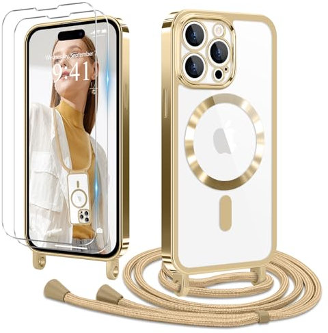 Ethanger Handyband für iPhone 15 Pro Hülle mit Band + 2 Stück Glas Schutzfolie Transparent Silikon Handyhülle Magnetische Schutzhülle Case für iPhone 15 Pro Gold