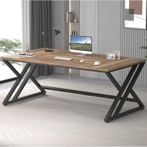 LVB Rustic Large Computer Desk, Industrial Extra Long Home Office Desk, Wood Pc Writing Work Study Computer Table Desk, Farmhouse Workstation Gaming Executive Desk for 2 Person, Rustic Oak, 180 cm